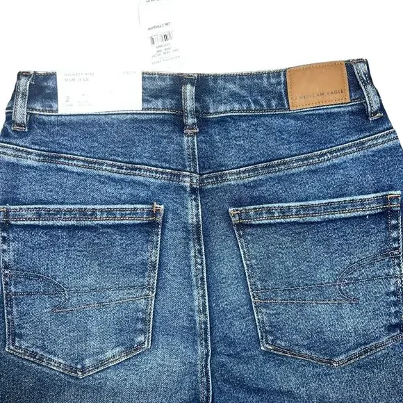 American Eagle highest rise mom denim dark wash stretch distressed jeans 2 NEW - Picture 4 of 8